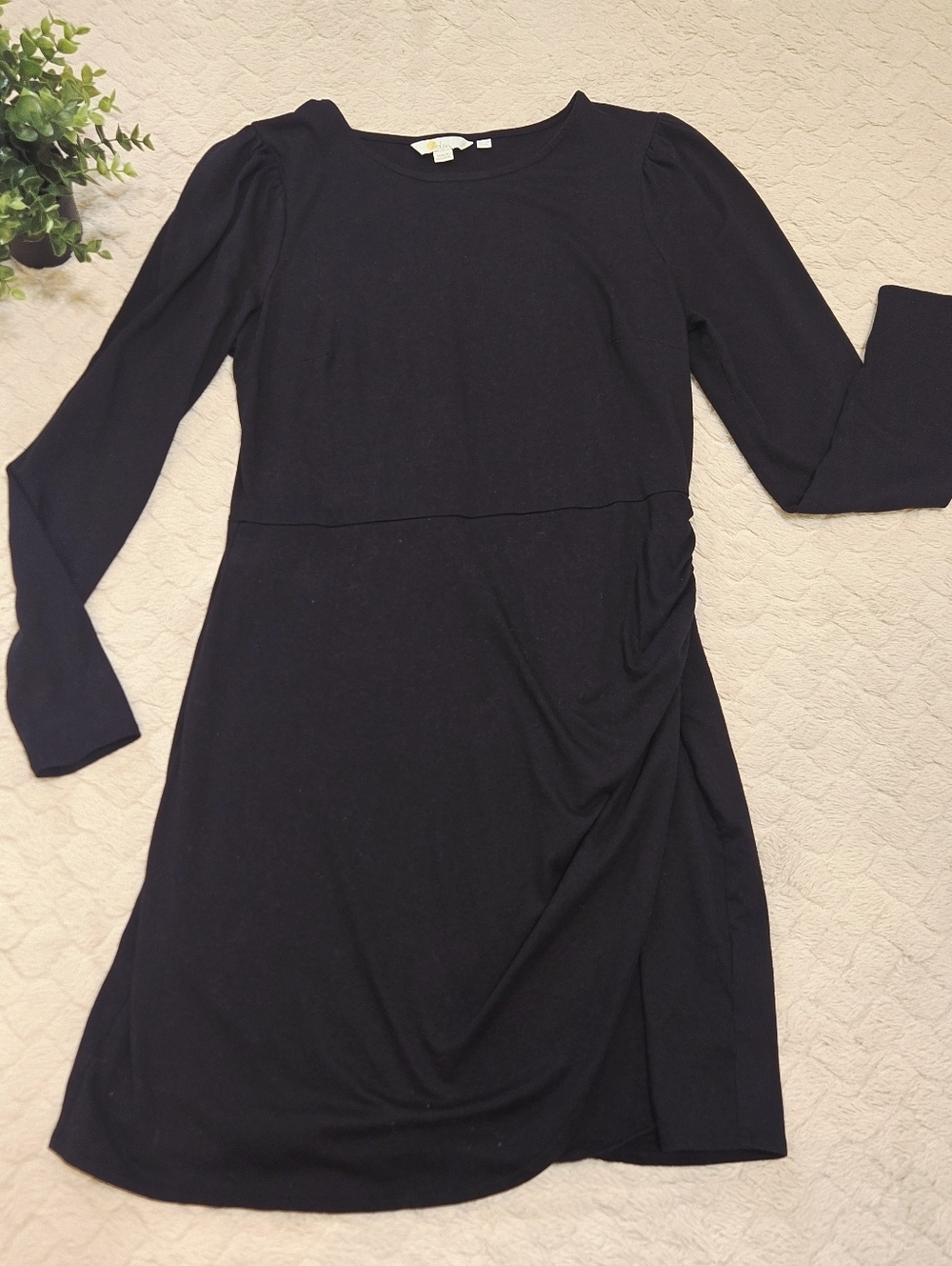 Boden Black Side Ruche Long-Sleeve Black Dress, Size 8